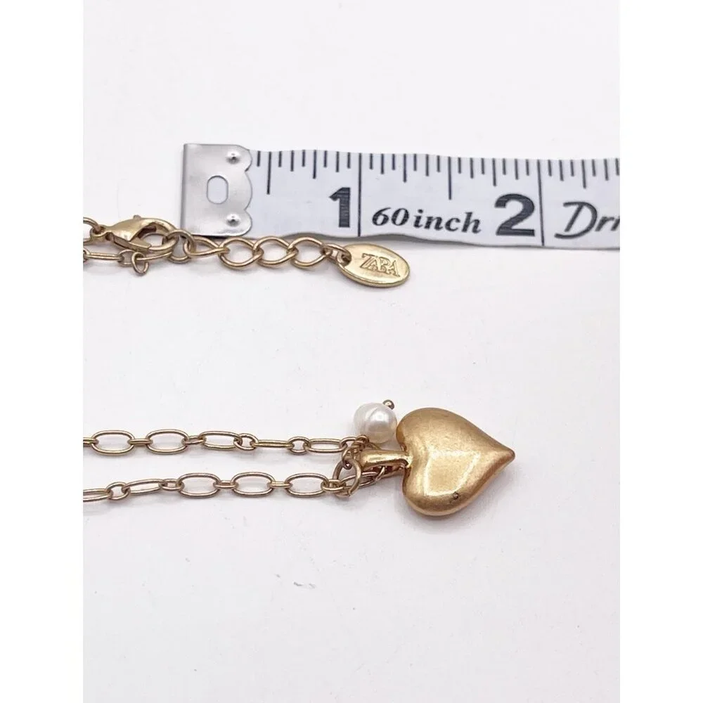 ZARA Gold Tone Dainty Faux Pearl Puffy Heart Dangle Pendant Necklace Adjustable